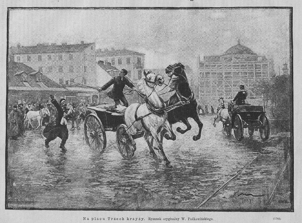 Уличное движение на площади Трех Крестов. Оригинальный рисунок Владислава Подковиньского, 1881 год